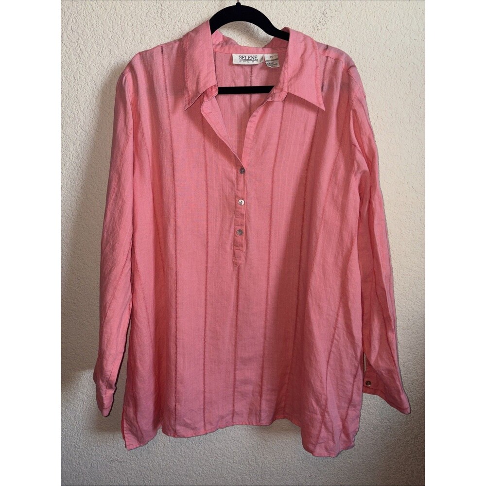 Selene Linen Long Sleeve Button Up Shirt Striped Pink 2x Coastal Vintage Luxury